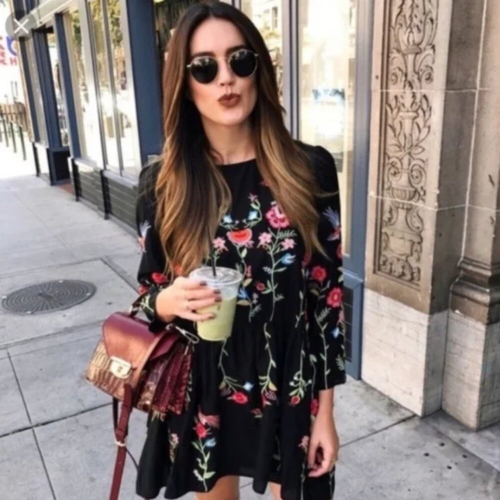 Zara Embroidered Babydoll Floral Mini Dress XS